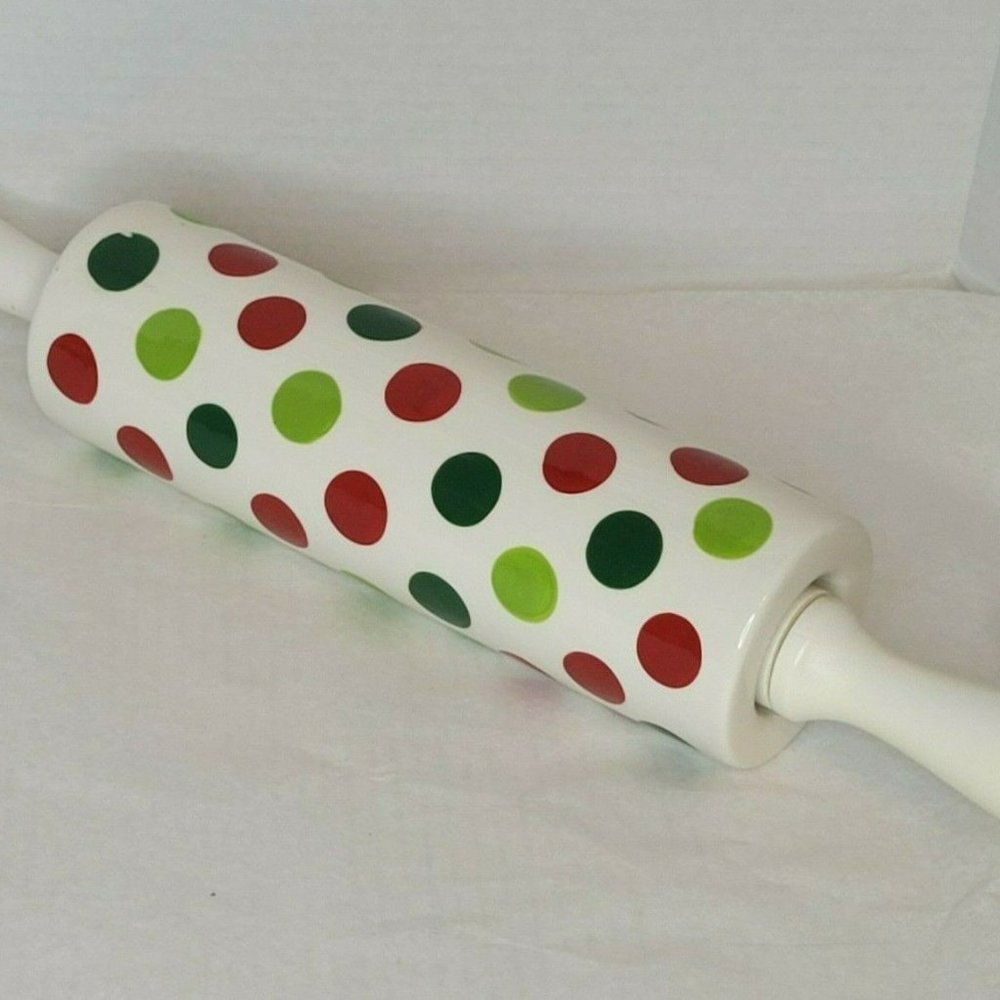 18 inch Ceramic Multi-Colored Polka Dot on White Rolling Pin with Wooden Handles